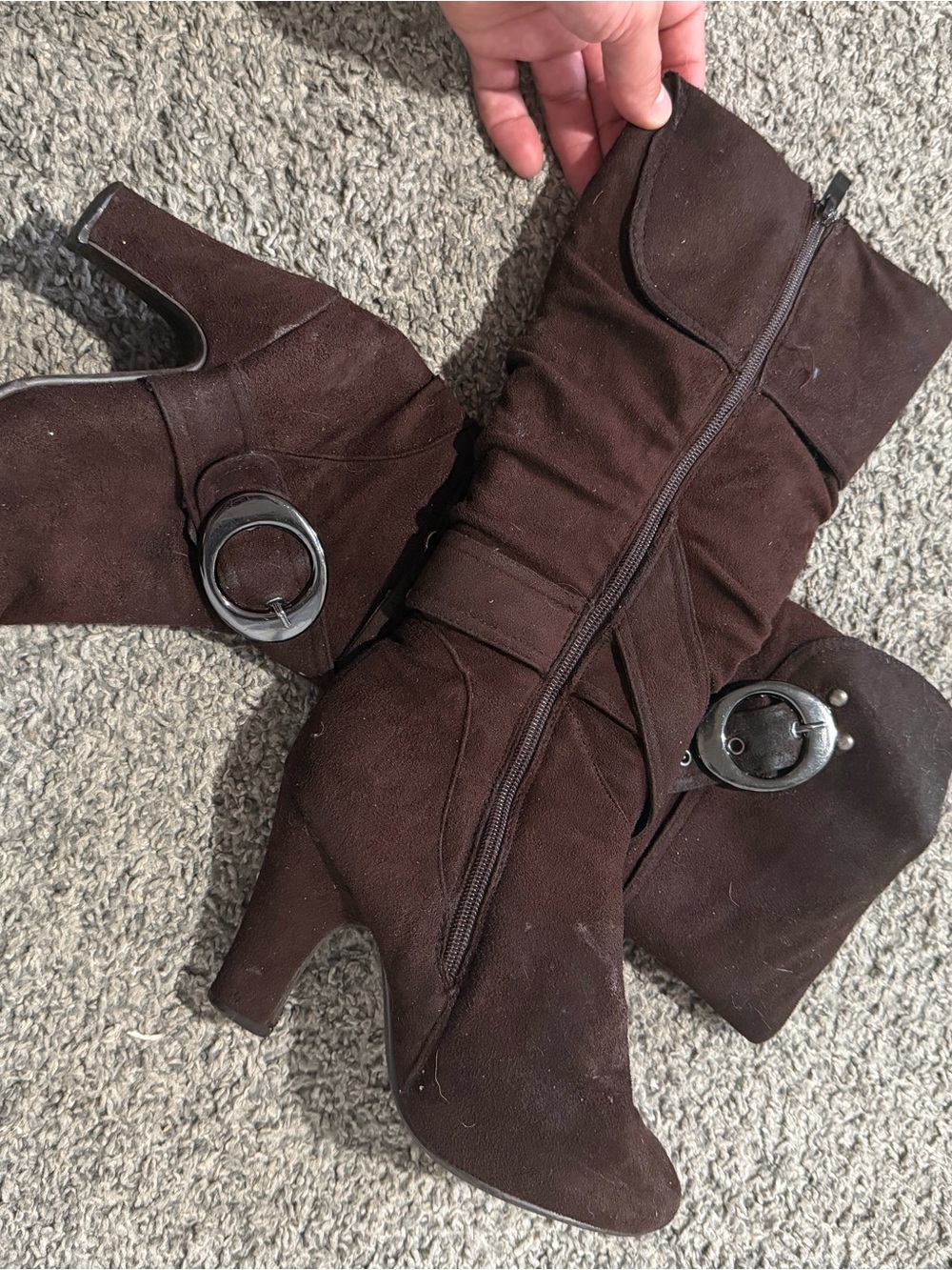Women’s Brown Mid-Calf Suede Heeled Boots with Buckle Detail